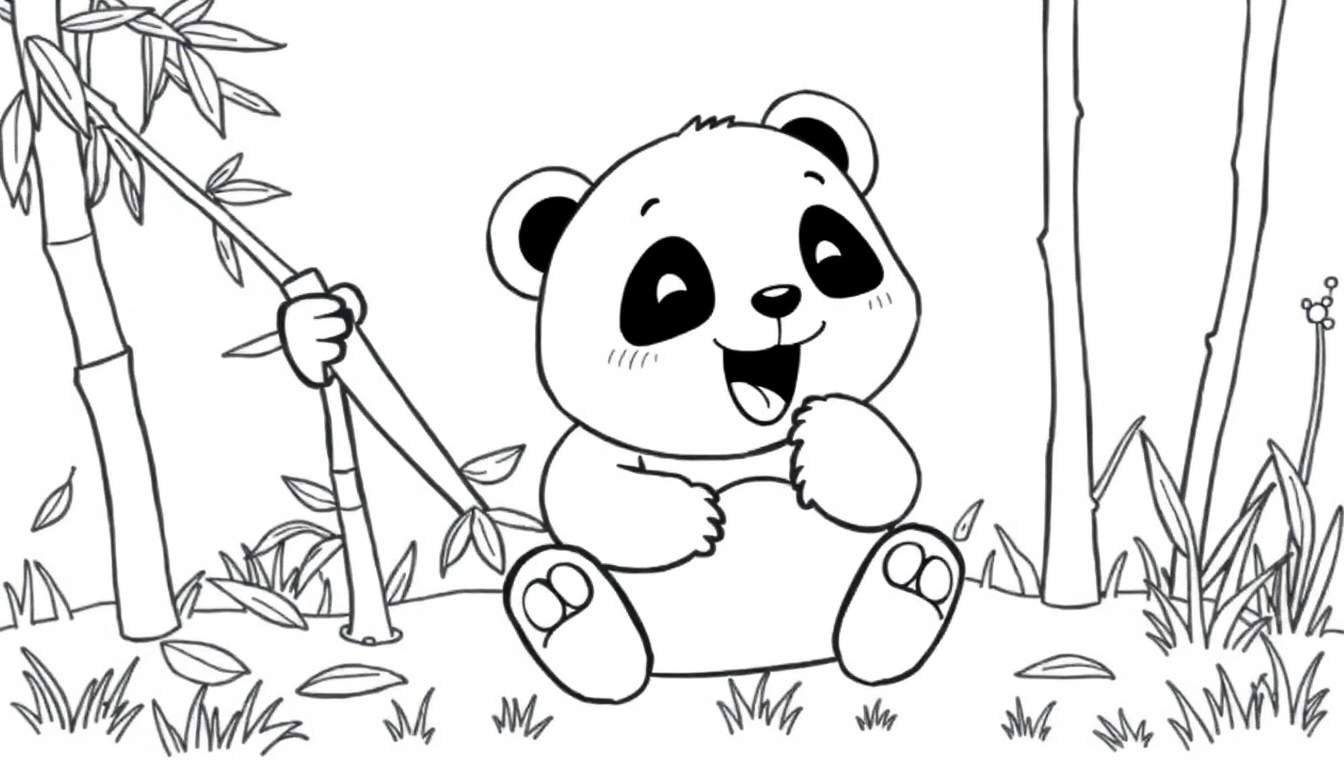 A cute baby panda coloring panel happily eating bamboo.