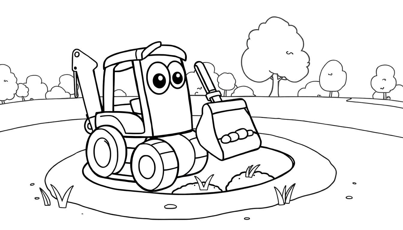 A black and white cartoon excavator is ready for coloring. This fun color panel shows a happy excavator digging in a park.  | Color Panel