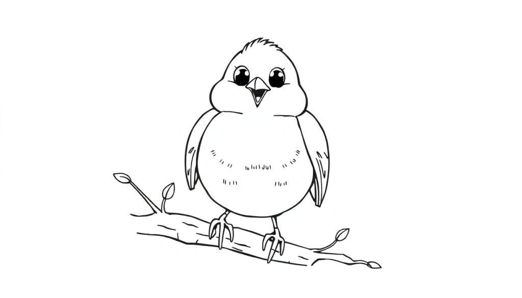 A cute round bird with big eyes on a branch, ready for coloring. This color panel is a sweet illustration.