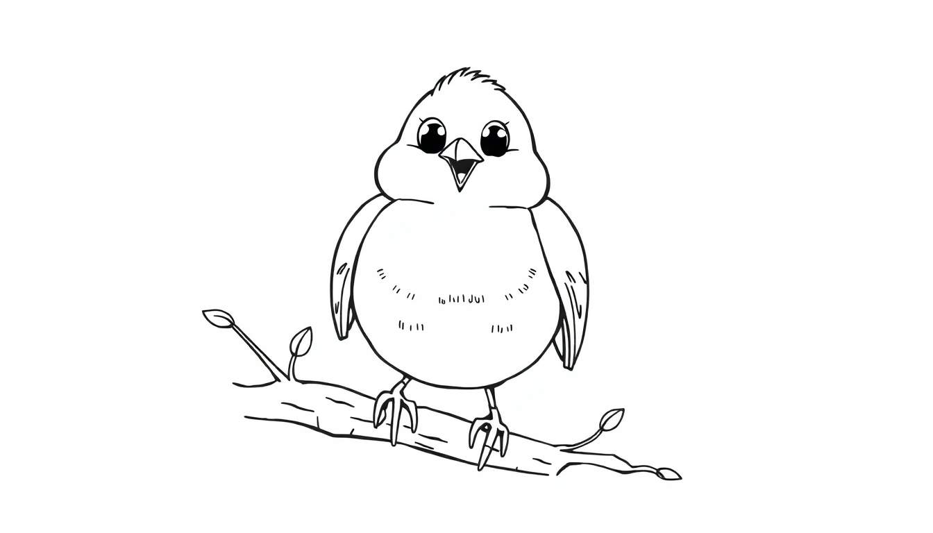 A cute round bird with big eyes on a branch, ready for coloring. This color panel is a sweet illustration.