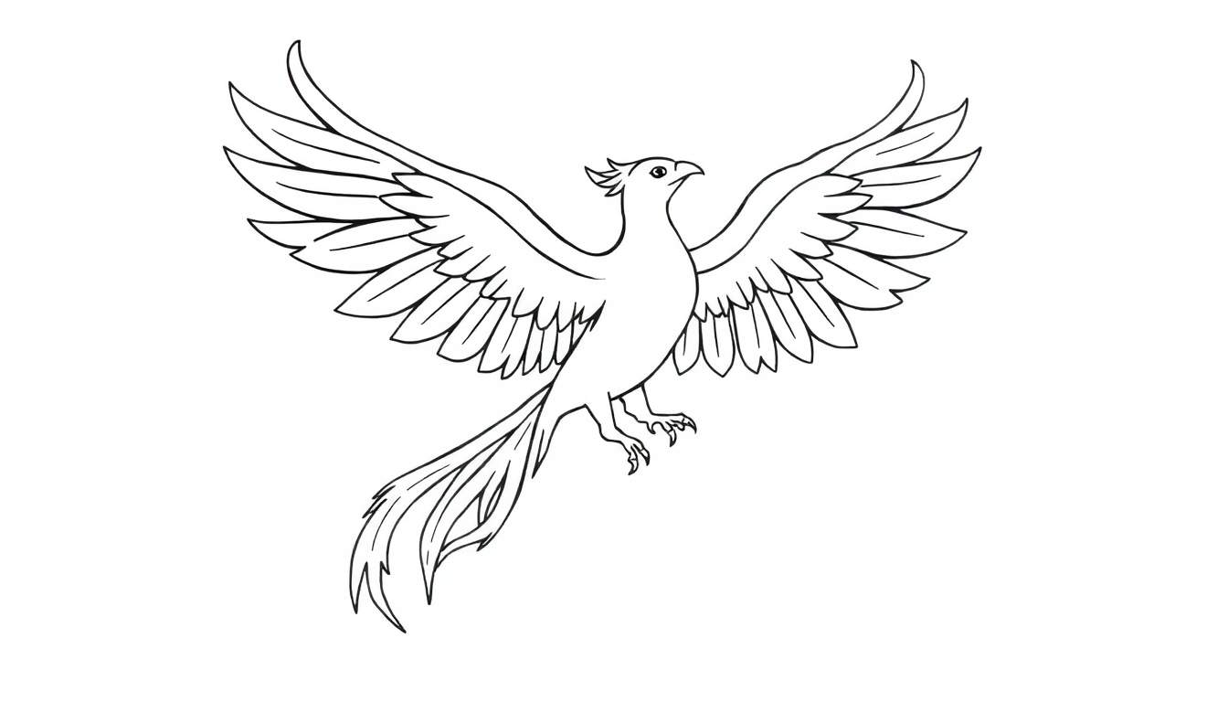 A line drawing of a phoenix in flight, ready for coloring. This color panel is a majestic bird with outstretched wings and a flowing tail.