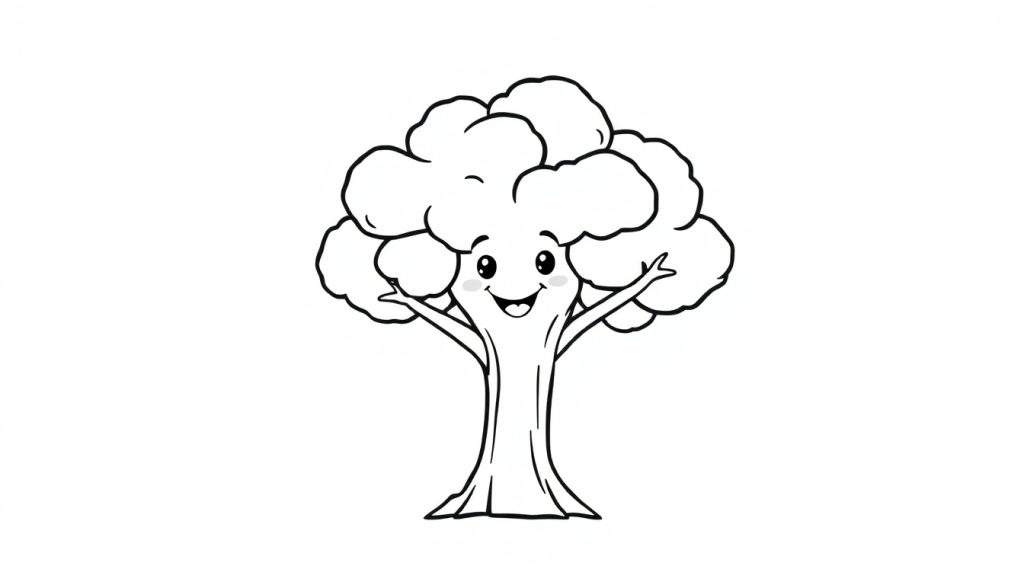 A friendly cartoon tree ready for coloring, part of a color panel.