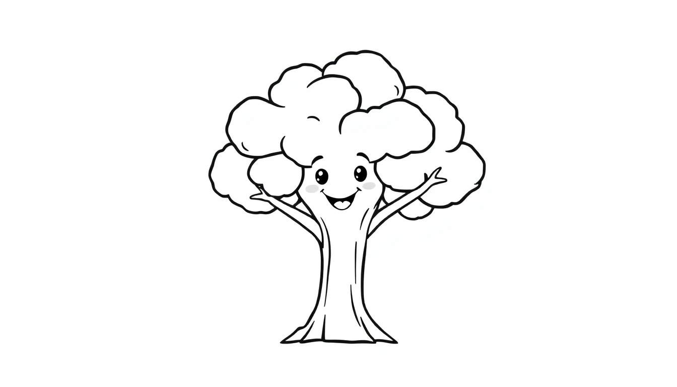 A friendly cartoon tree ready for coloring, part of a color panel.
