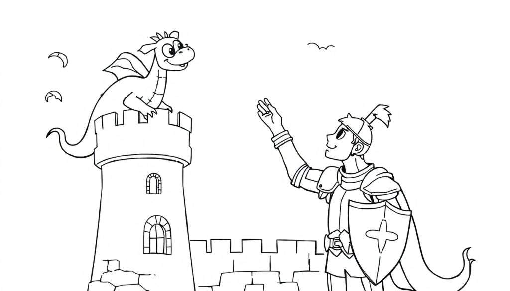A knight and a smiling dragon on a tower, ready for a coloring panel adventure.