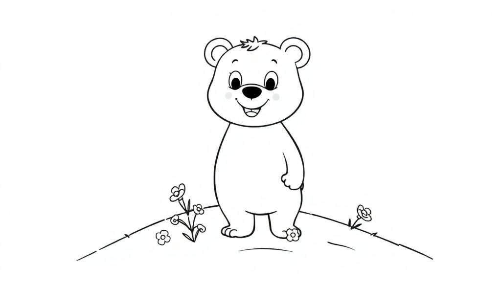 A cute cartoon bear on a grassy slope with flowers, ready for a color panel.