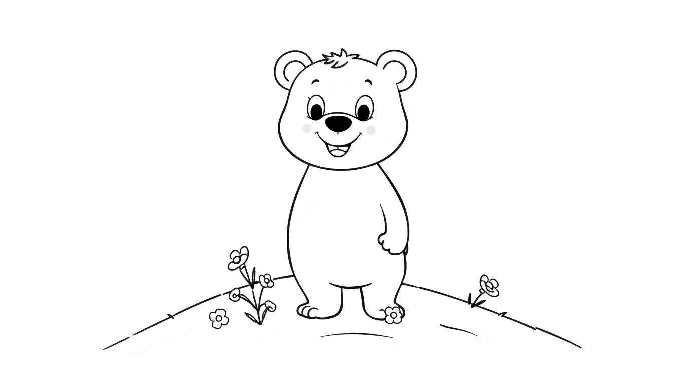 A cute cartoon bear on a grassy slope with flowers, ready for a color panel.