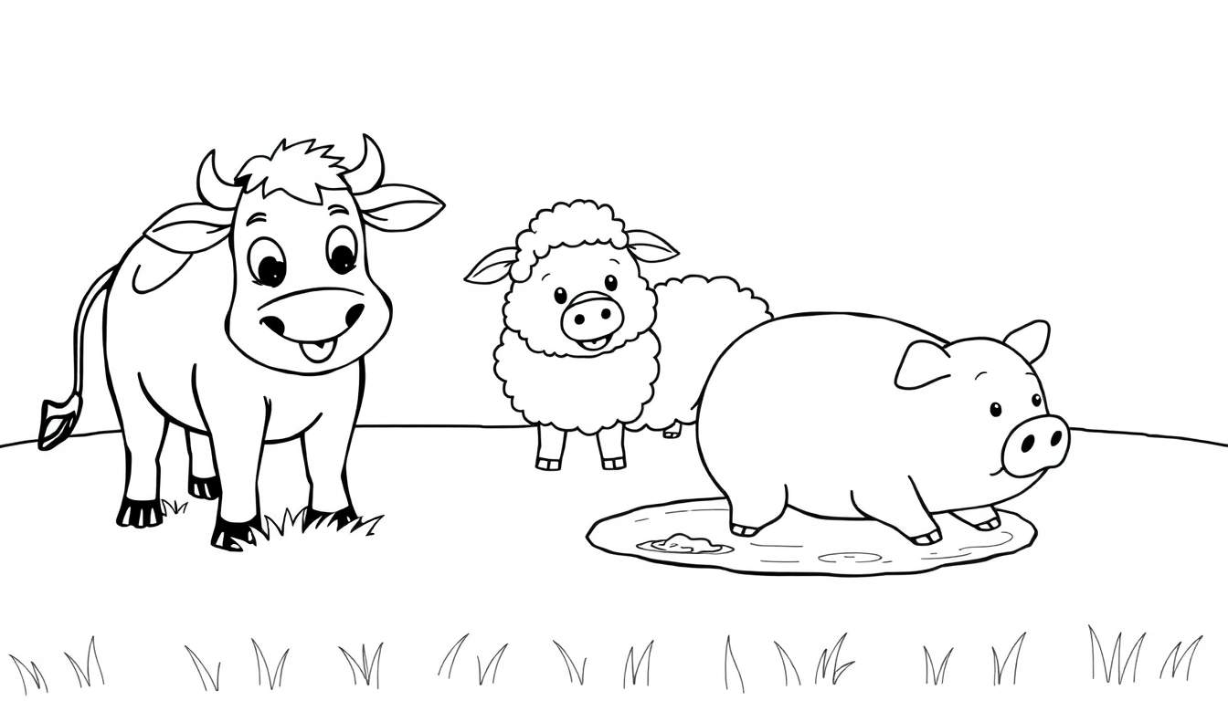 A cheerful black and white color panel showing a happy cow, a fluffy sheep, and a playful pig on a farm.