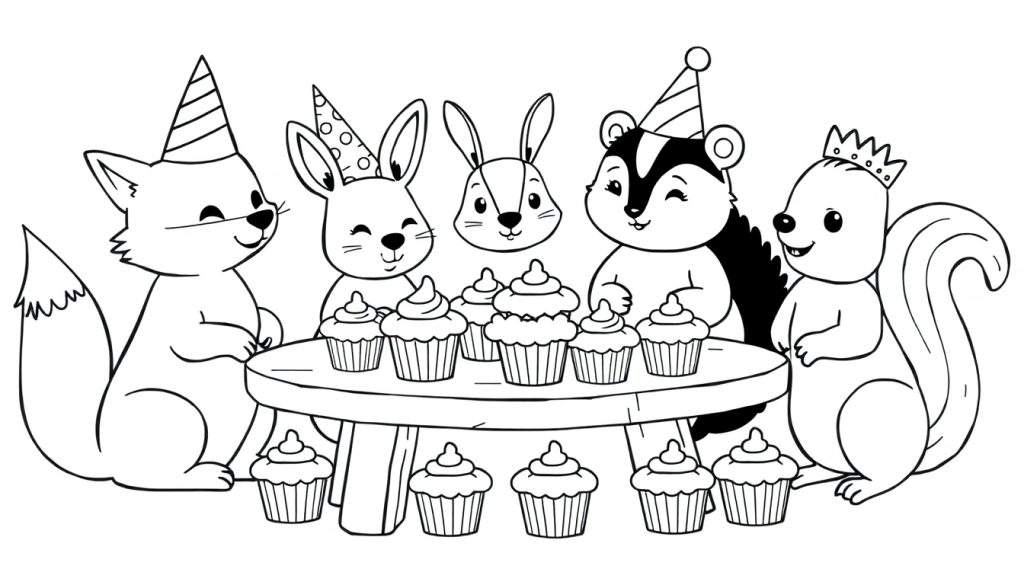A black and white color panel illustration of woodland creatures celebrating a birthday with cupcakes.