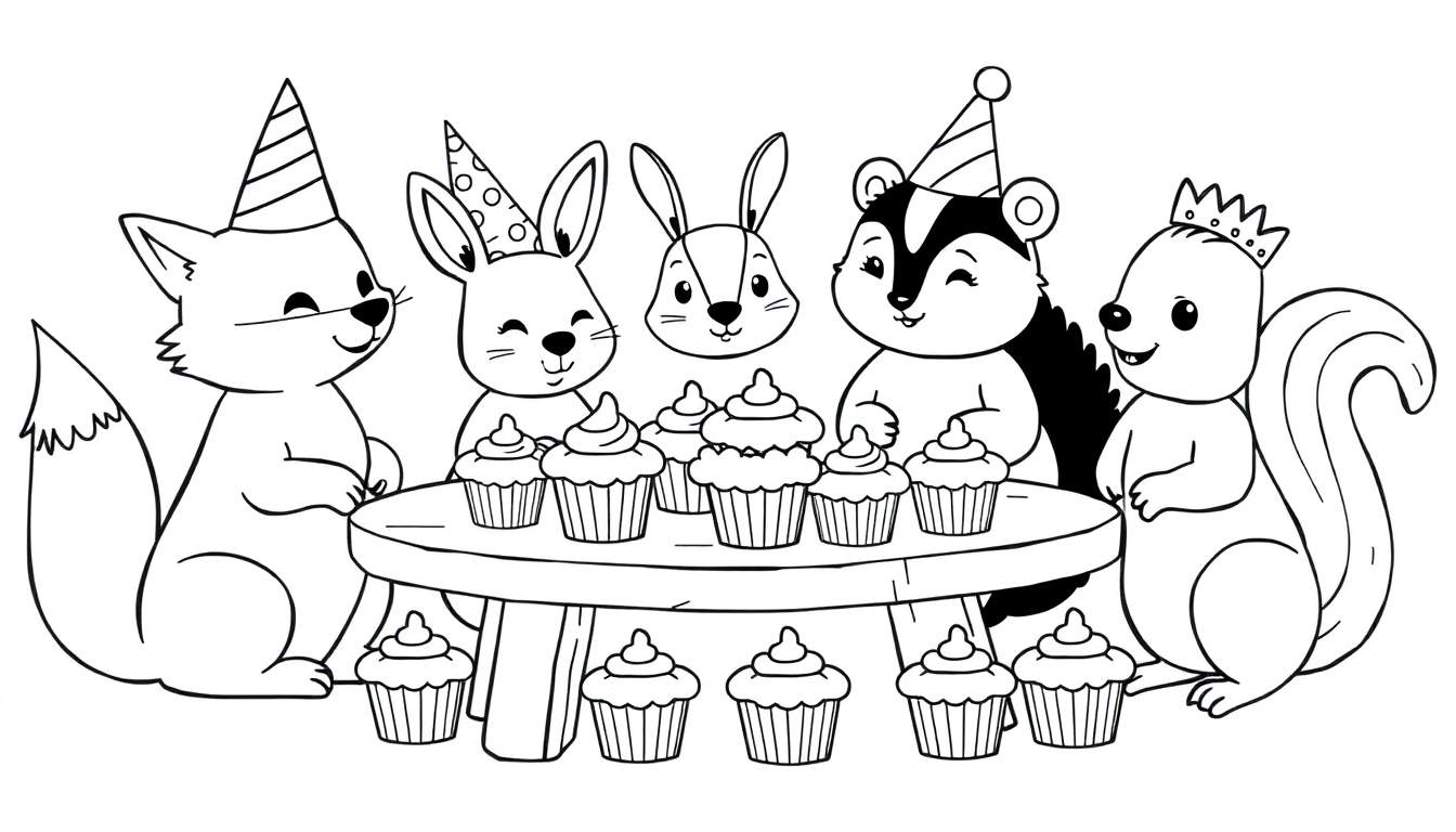 A black and white color panel illustration of woodland creatures celebrating a birthday with cupcakes.