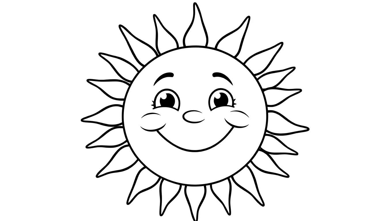 A simple black and white cartoon drawing of a smiling sun with leafy rays.
