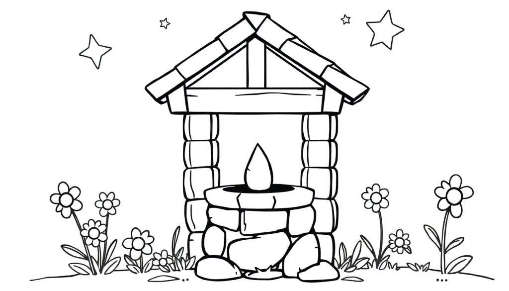 A cute black and white coloring panel of a magical wishing well, surrounded by sparkling stars and happy flowers, perfect for fairy tale fun.