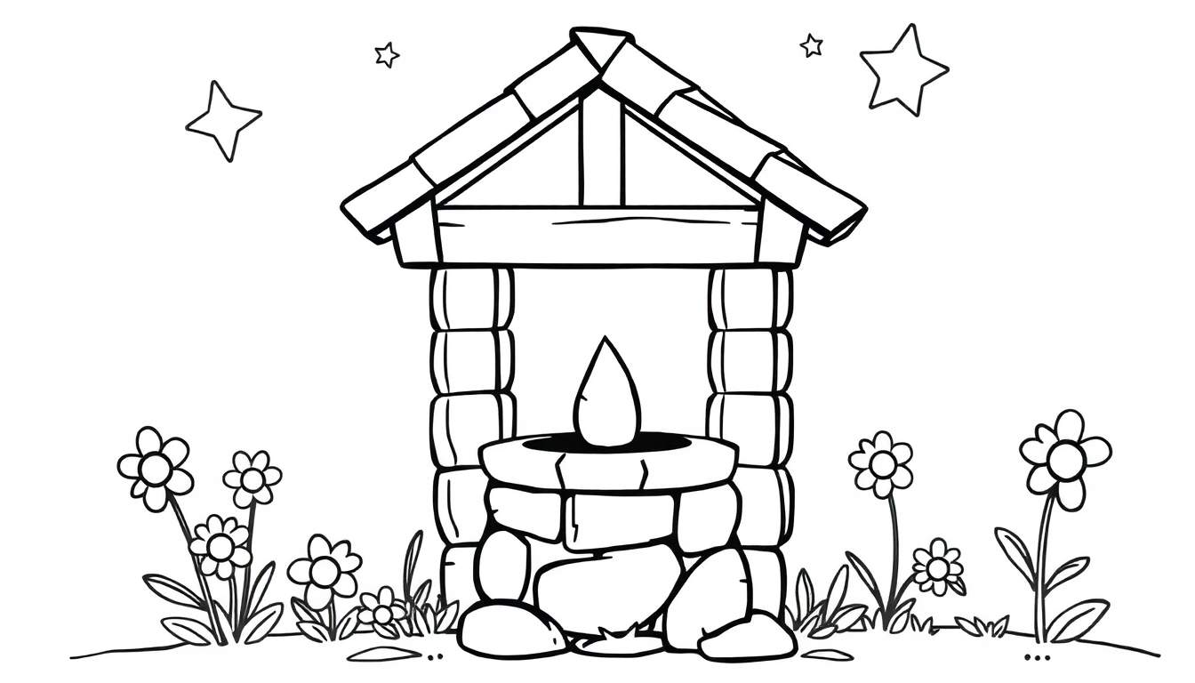 A cute black and white coloring panel of a magical wishing well, surrounded by sparkling stars and happy flowers, perfect for fairy tale fun.
