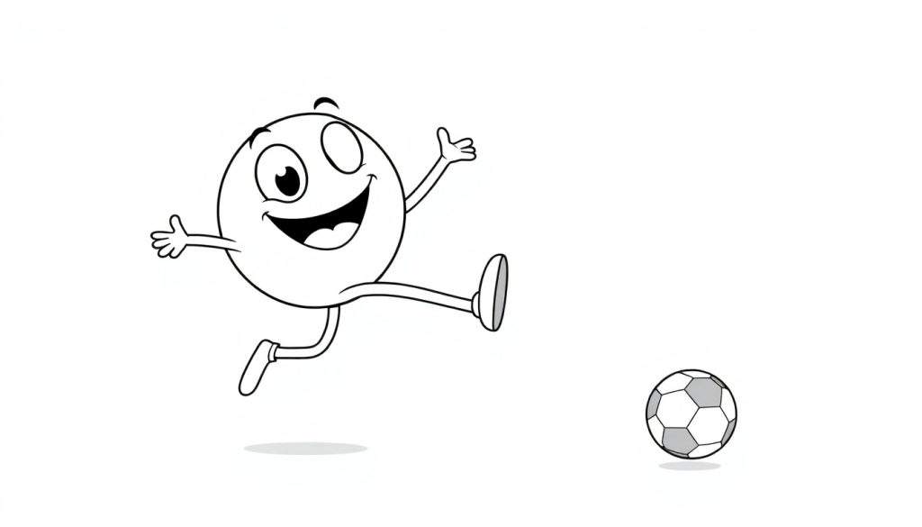 A happy cartoon character kicking a soccer ball in a black and white color panel.