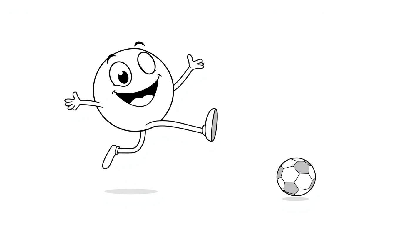 A happy cartoon character kicking a soccer ball in a black and white color panel.