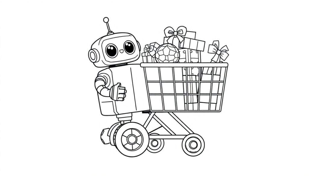 A black and white coloring page of a cute robot pushing a shopping cart full of presents and a soccer ball. This color panel is ready to be brought to life!