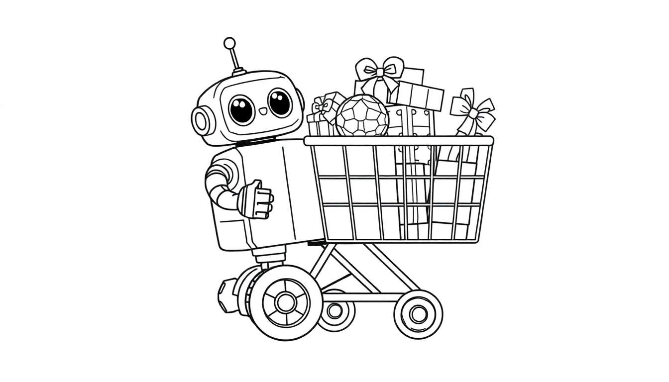 A black and white coloring page of a cute robot pushing a shopping cart full of presents and a soccer ball. This color panel is ready to be brought to life!