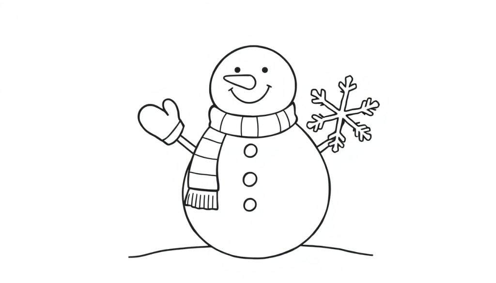 A black and white color panel of a friendly snowman with a carrot nose, a striped scarf, and mittens, holding a snowflake.