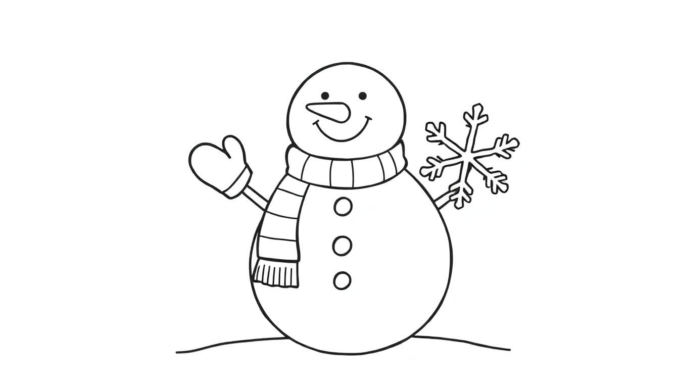 A black and white color panel of a friendly snowman with a carrot nose, a striped scarf, and mittens, holding a snowflake.