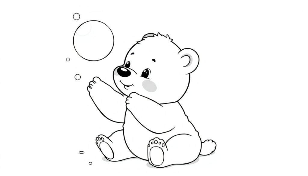 A cute black and white cartoon polar bear cub reaching for a bubble, ready for a color panel.