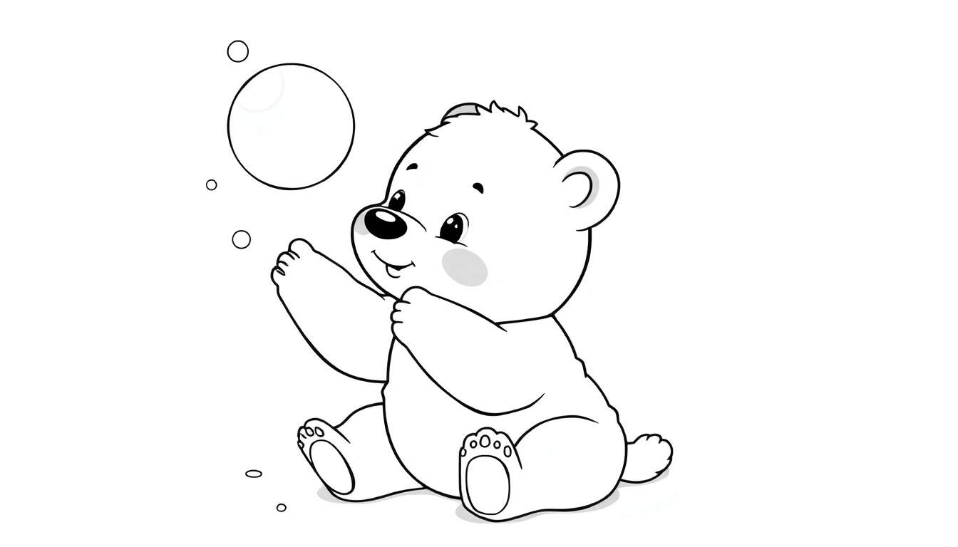 A cute black and white cartoon polar bear cub reaching for a bubble, ready for a color panel.