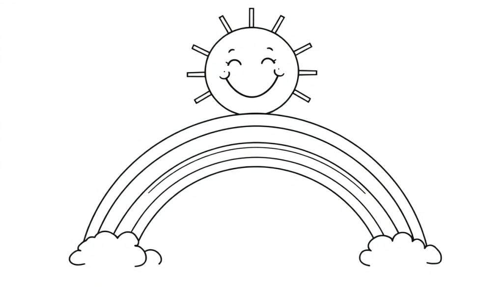 A smiling sun with rays above a rainbow arching over clouds, ready for a coloring panel.