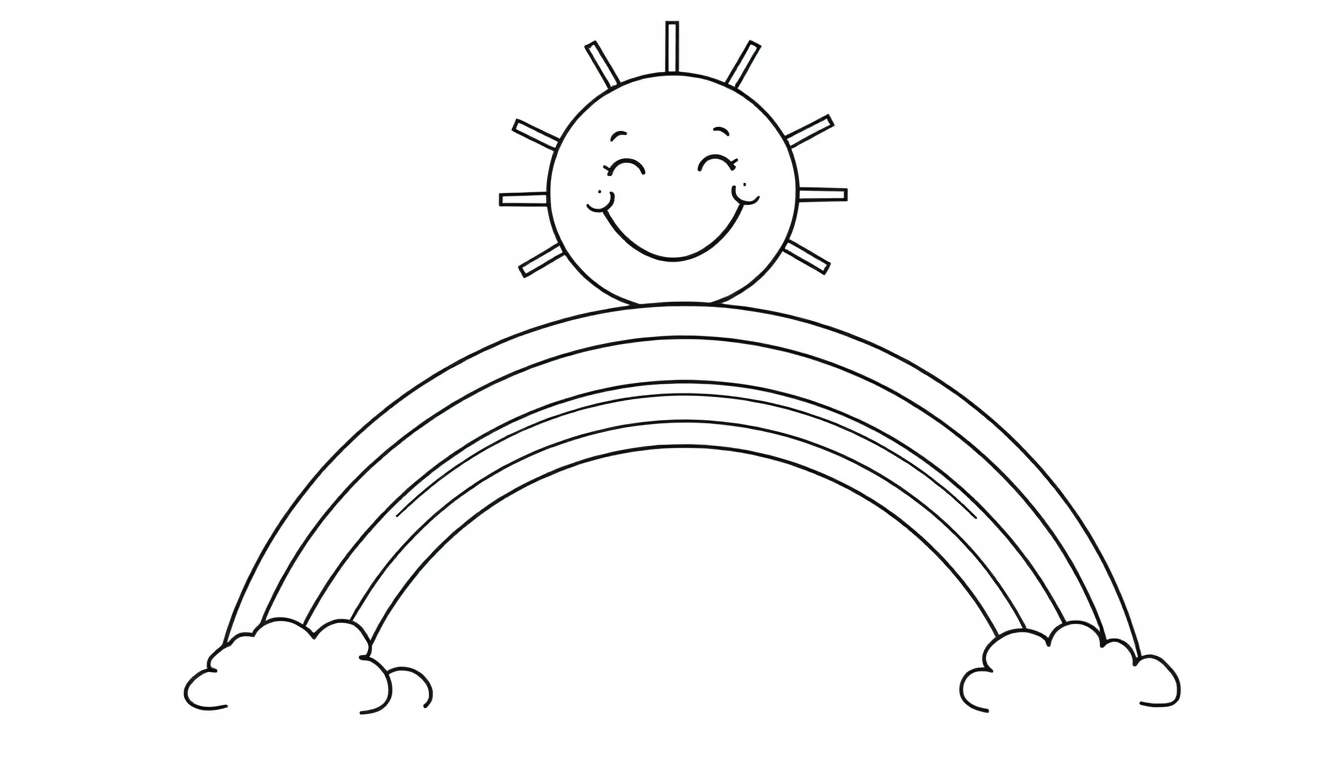 A smiling sun with rays above a rainbow arching over clouds, ready for a coloring panel.