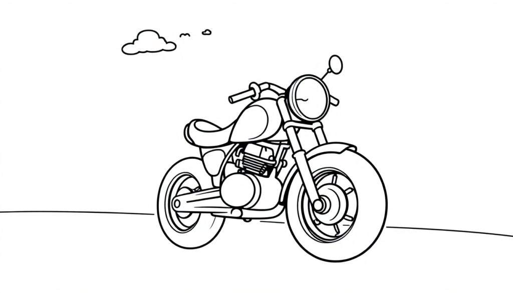 Black and white cartoon motorbike, a color panel ready for fun.