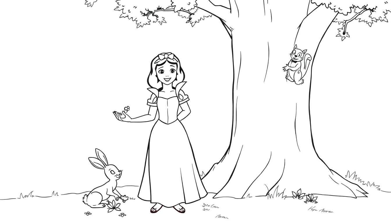 A black and white color panel of Snow White in a forest with a rabbit and a squirrel.