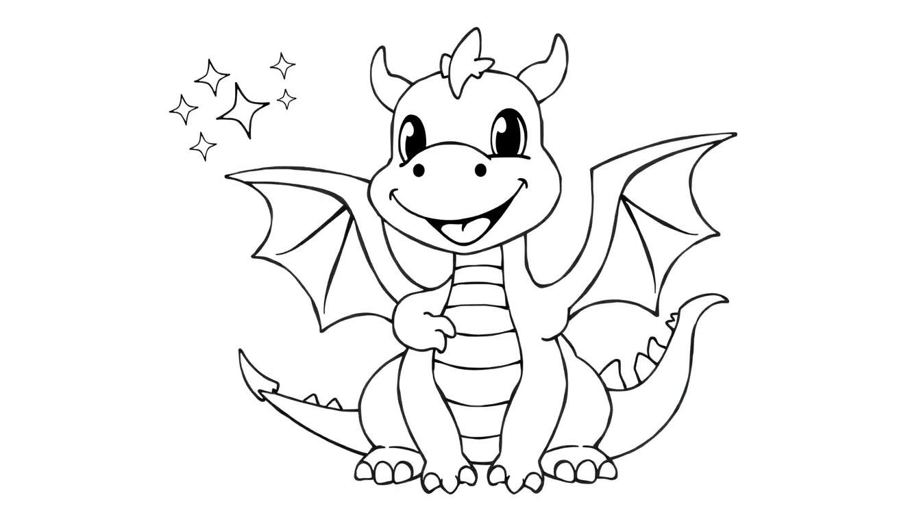 A friendly baby dragon coloring panel with stars.