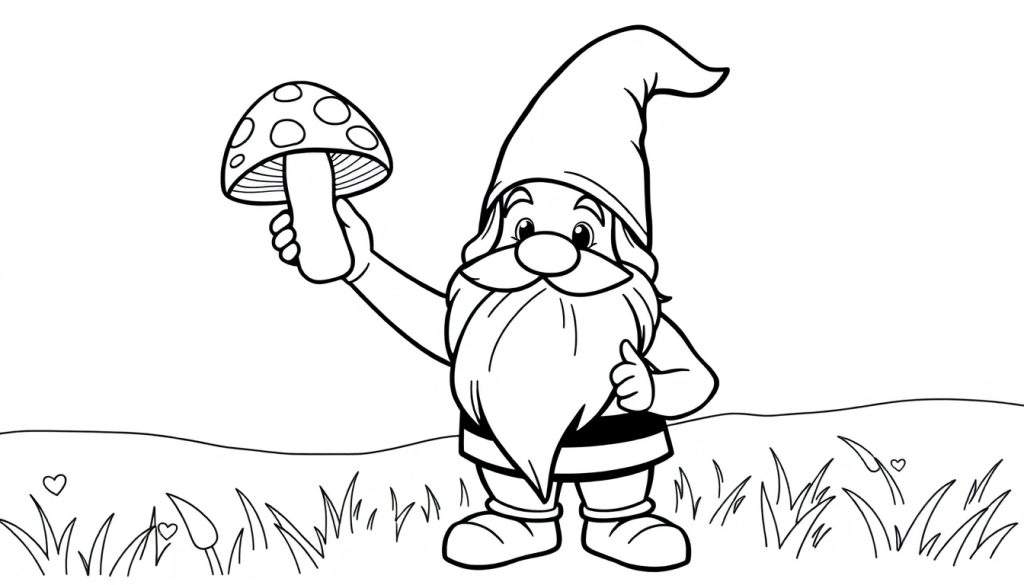 A cheerful gnome holding a mushroom, black and white color panel for kids.