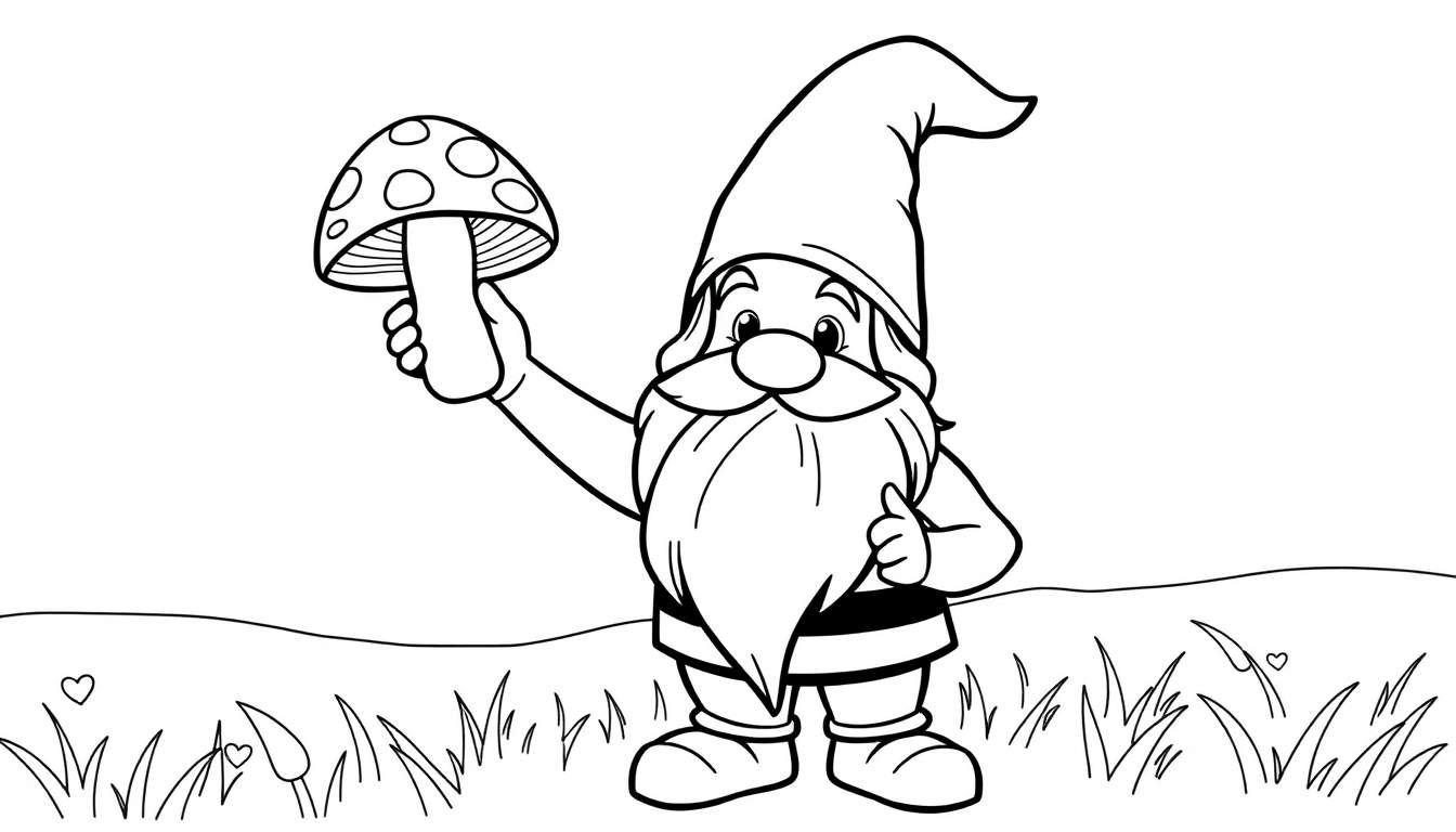 A cheerful gnome holding a mushroom, black and white color panel for kids.