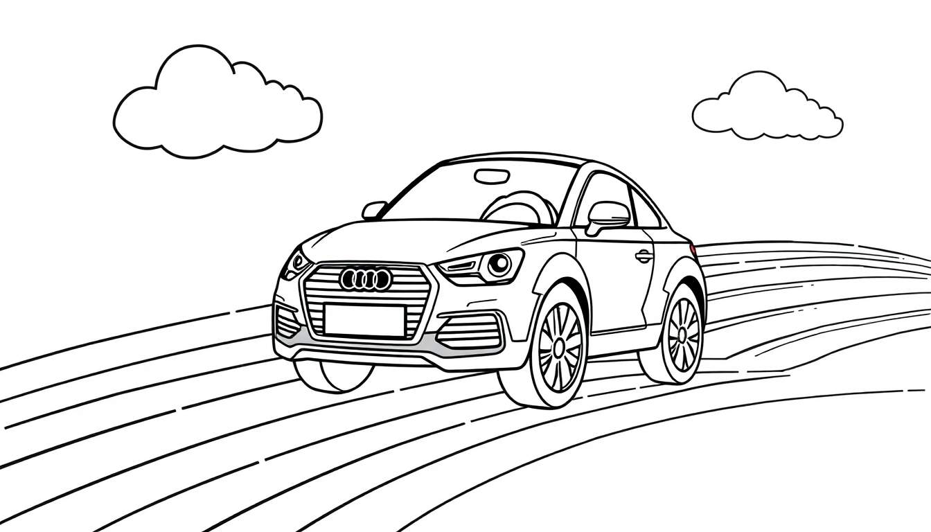 A black and white drawing of a cute, cartoon-like car with large, friendly eyes, driving on a road with speed lines, under a sky with two puffy clouds.
