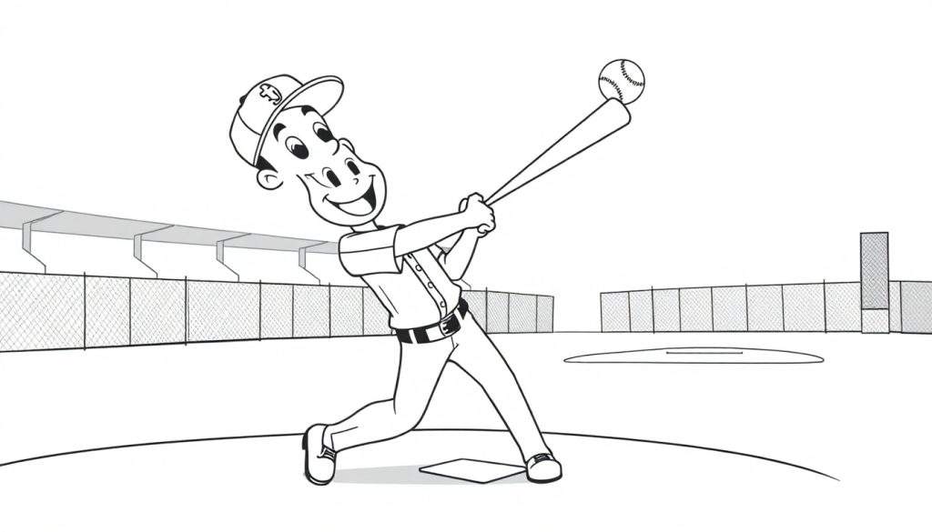 A happy baseball player swings his bat, ready to hit the ball in this black and white color panel.