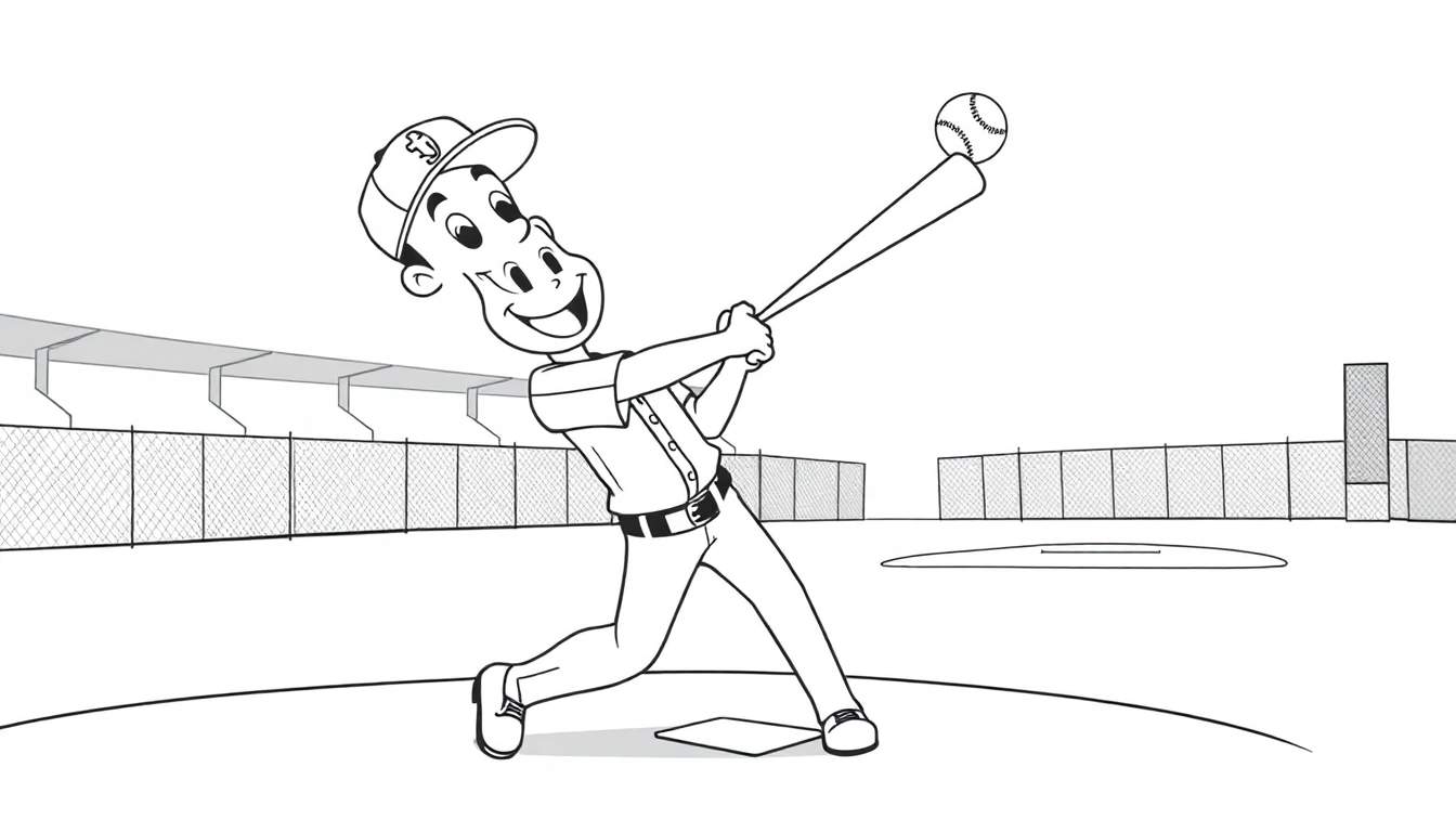 A happy baseball player swings his bat, ready to hit the ball in this black and white color panel.