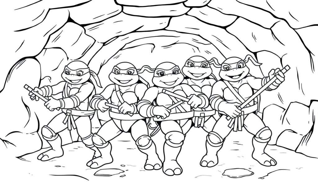 A color panel of the Teenage Mutant Ninja Turtles ready for action.