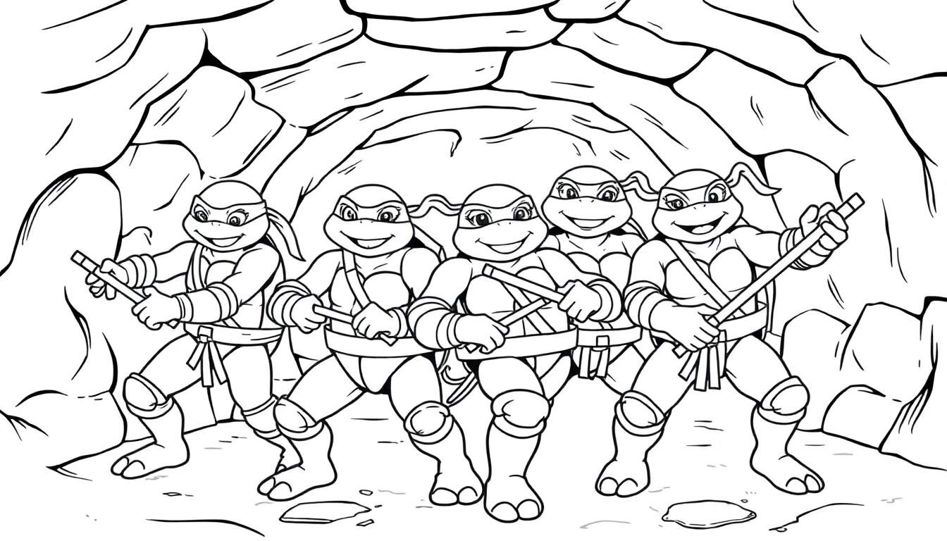 A color panel of the Teenage Mutant Ninja Turtles ready for action.