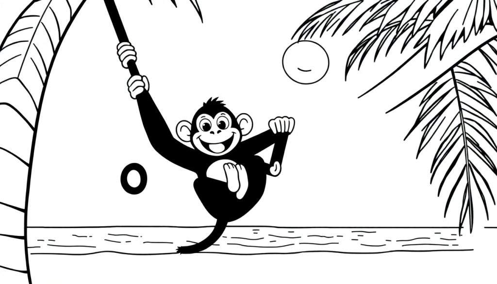 A cute cartoon monkey swinging from a vine in a tropical scene, ready for a black and white color panel.