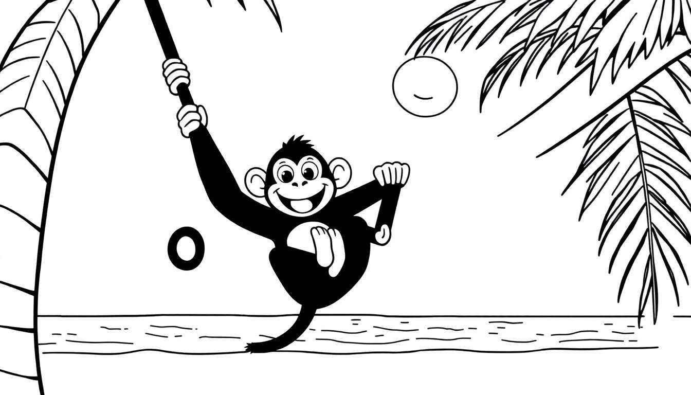 A cute cartoon monkey swinging from a vine in a tropical scene, ready for a black and white color panel.