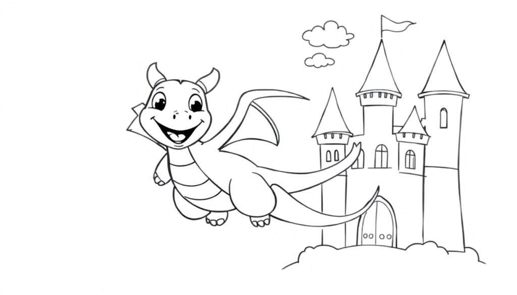 A friendly cartoon dragon, Sparky, flying towards a castle, black and white color panel.