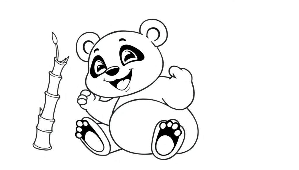 A cute cartoon panda cub sitting next to a bamboo stalk, ready for coloring on this color panel.