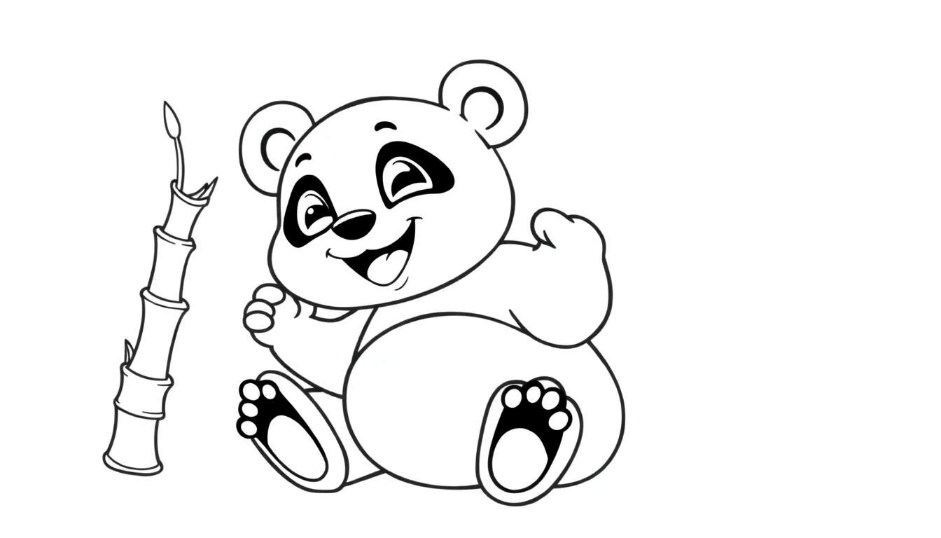 A cute cartoon panda cub sitting next to a bamboo stalk, ready for coloring on this color panel.