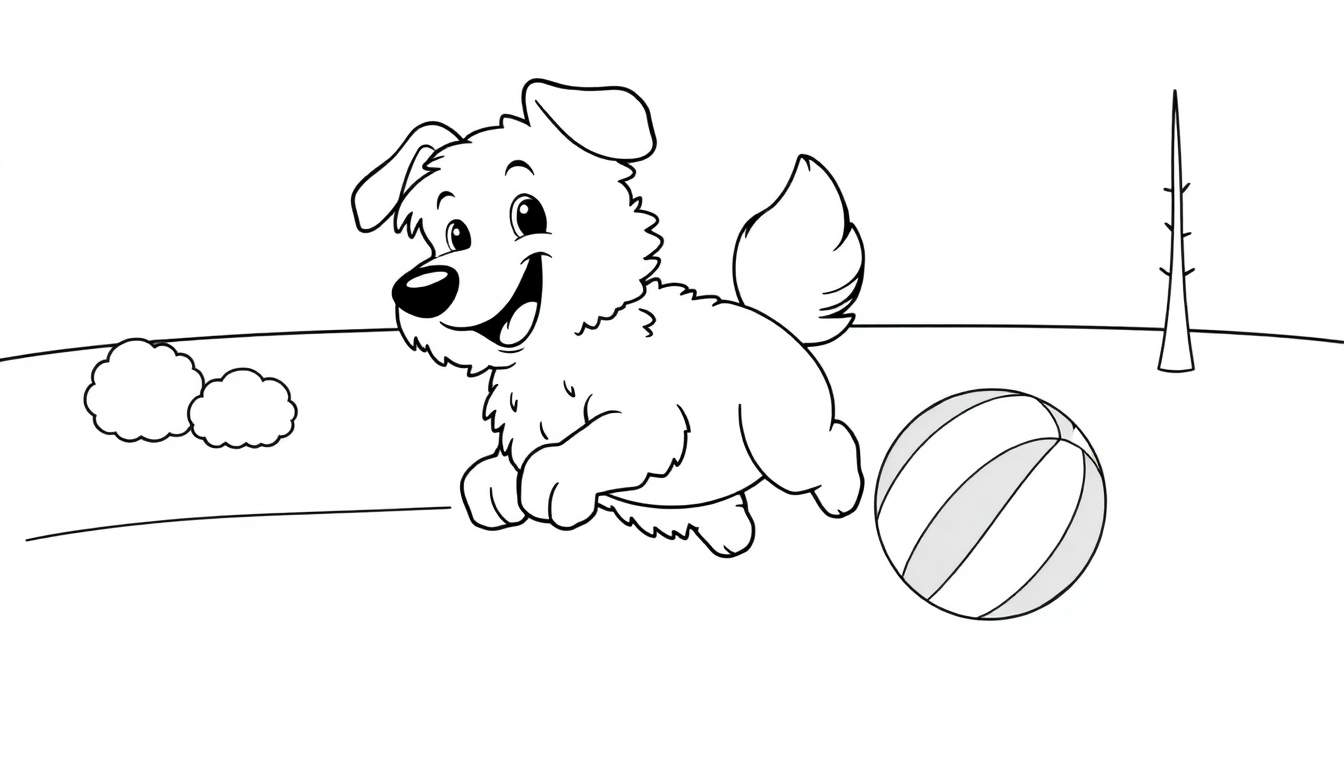 A happy dog leaping for a striped ball on a grassy field, ready for a color panel.