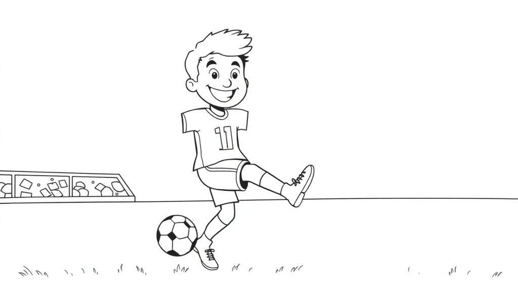 A happy boy in a soccer uniform, number 11, kicking a soccer ball on a grassy field, presented as a black and white color panel.