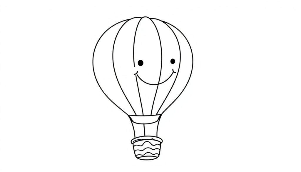 A black and white line drawing of a smiling hot air balloon with color panel details.