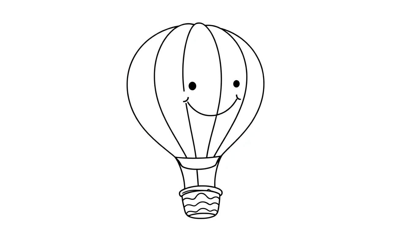 A black and white line drawing of a smiling hot air balloon with color panel details.