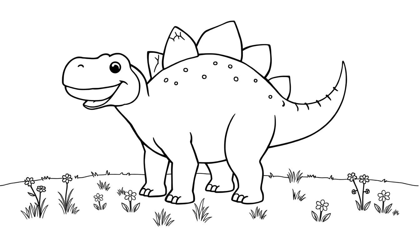 A black and white Stegosaurus coloring panel with a smiling face, plates on its back, and a curved tail, standing in a field of flowers.