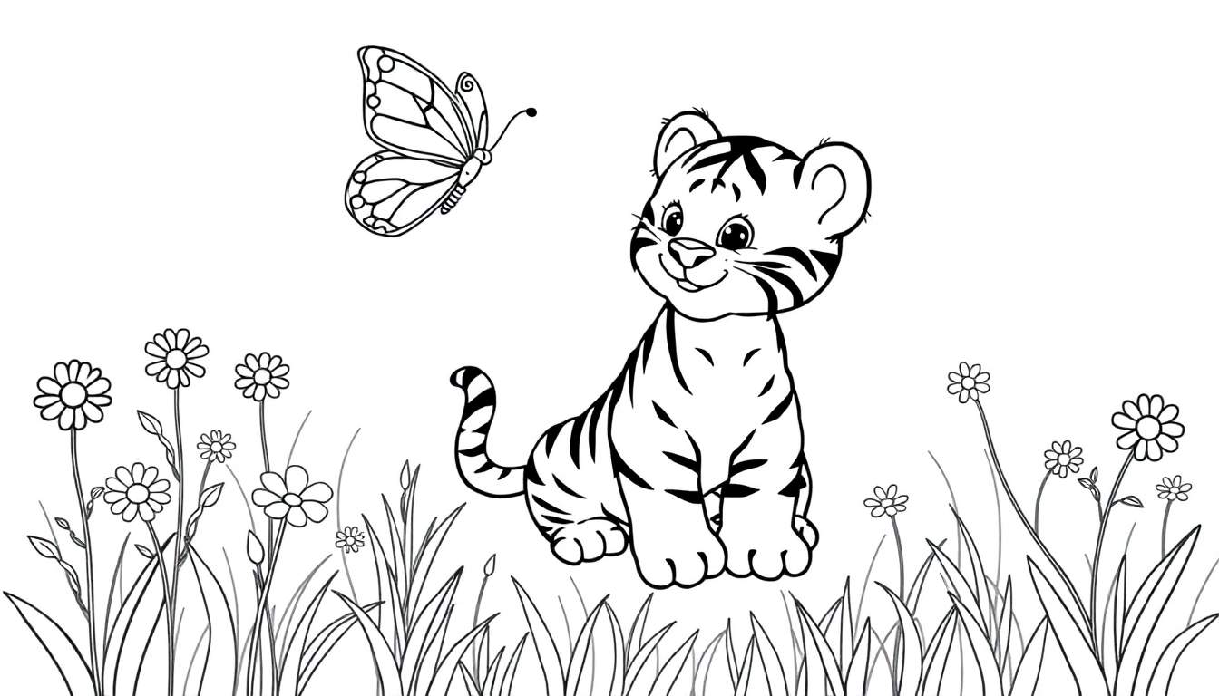 A cute tiger cub coloring panel with a butterfly.