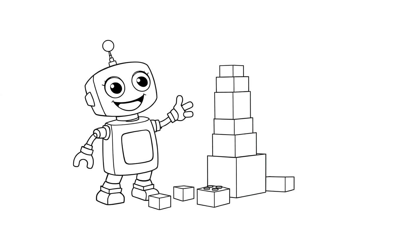 A cute robot with a color panel, building a block tower.