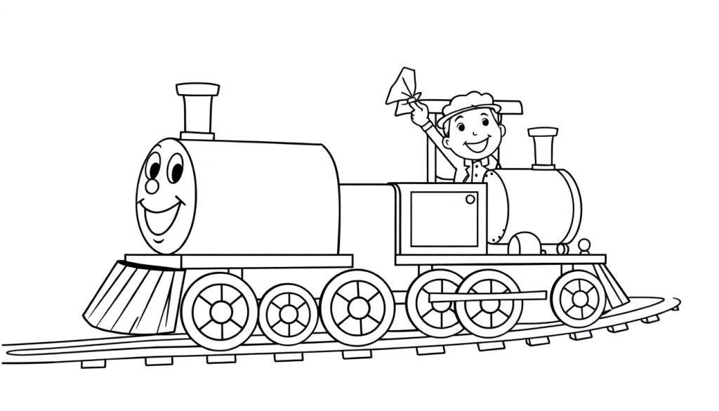 A happy cartoon train in black and white, on tracks, with a conductor waving from the cab. A fun color panel.