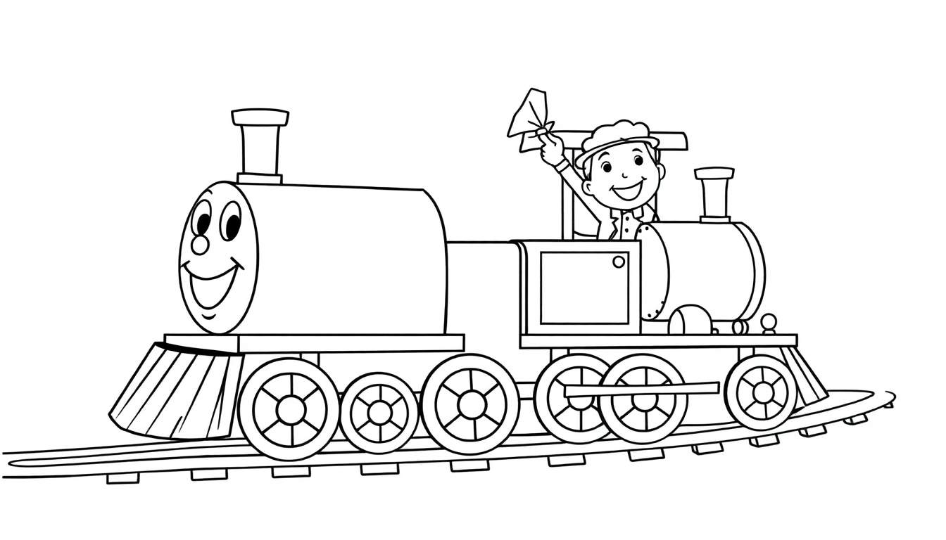 A happy cartoon train in black and white, on tracks, with a conductor waving from the cab. A fun color panel.